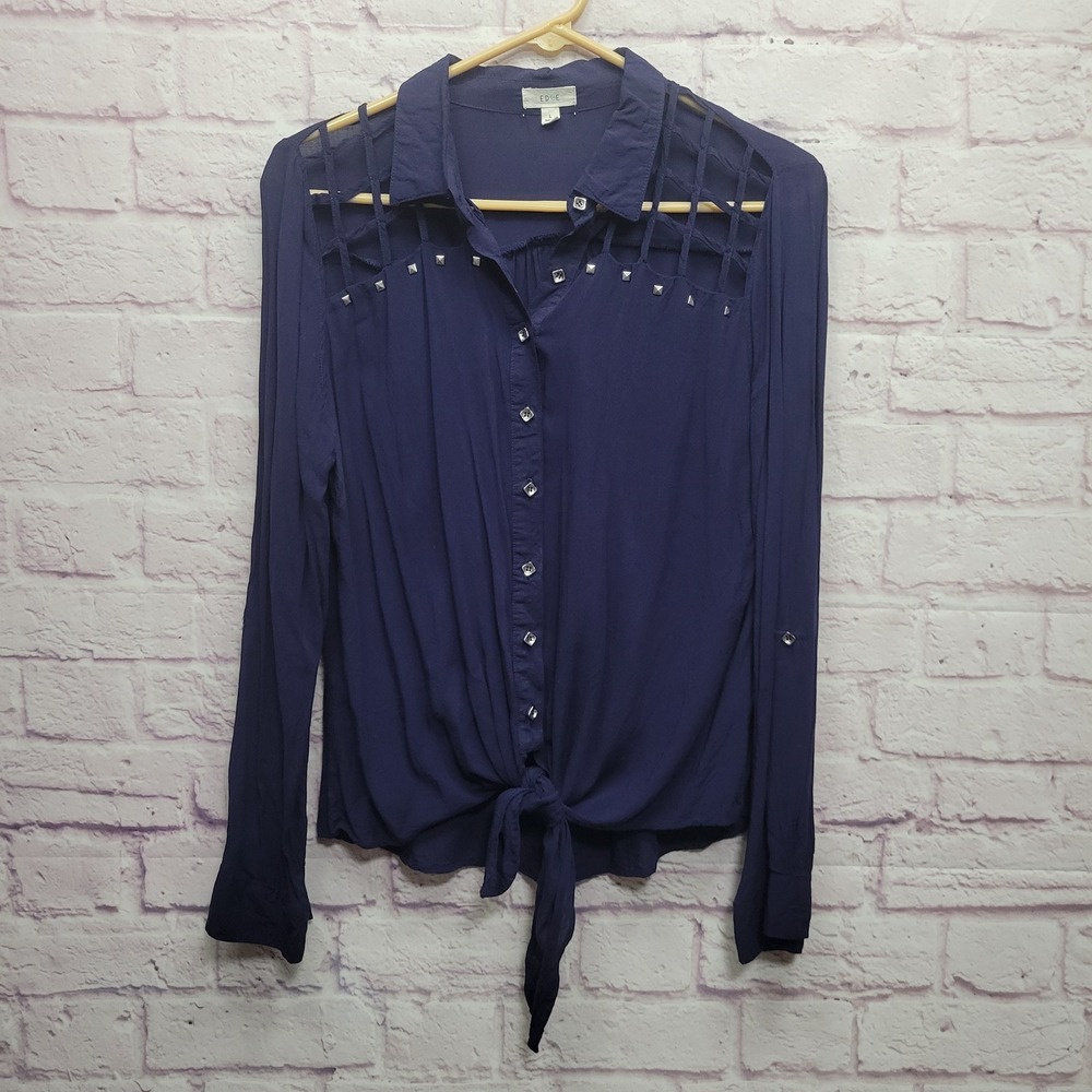 EDGE Lattice Studded Button Front Tie Waist Top Women L Rockabilly Festival Boho